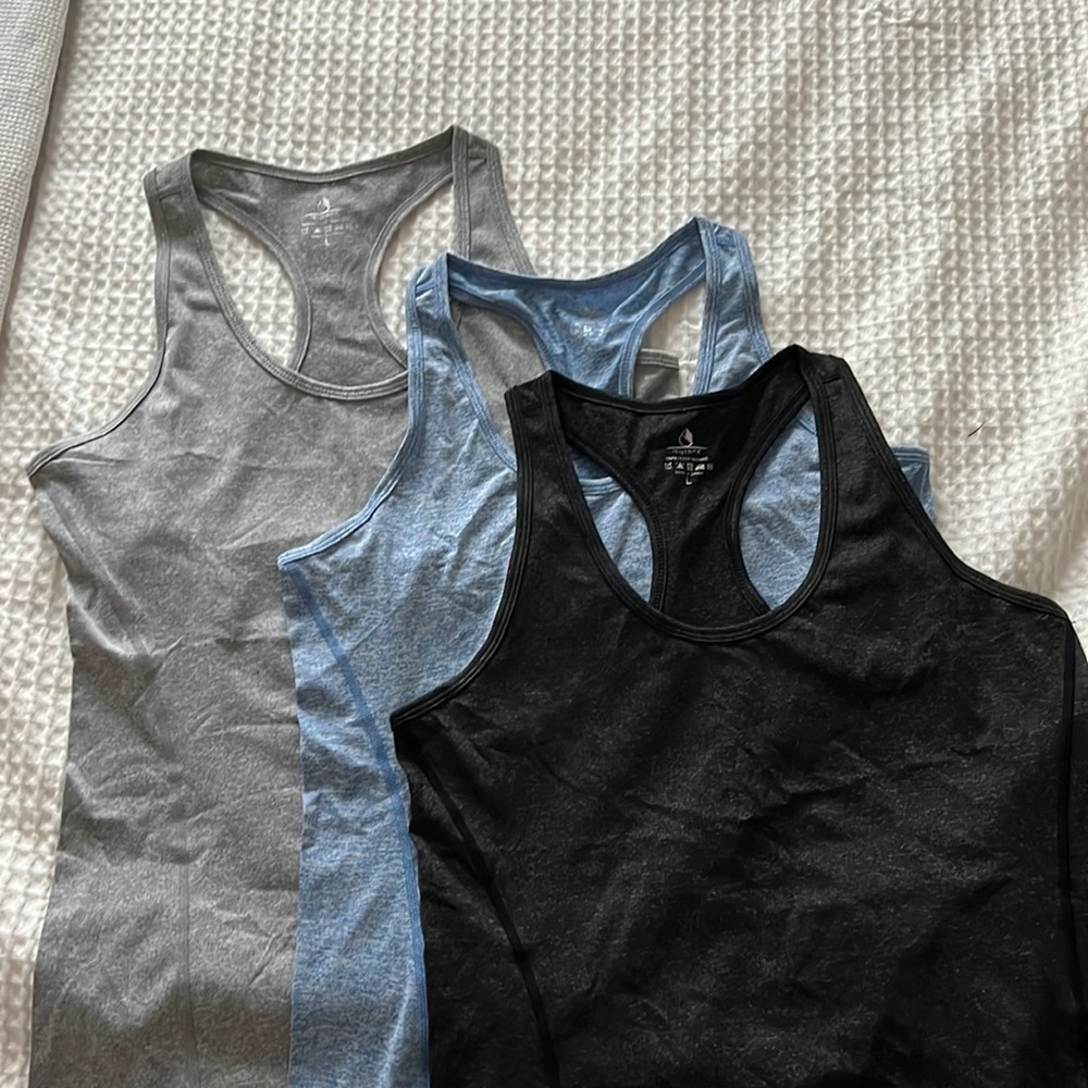 3 activewear shirts. Blue/Gray/dark gray